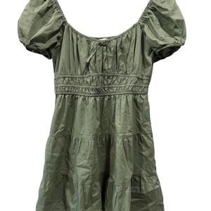 Francesca's Olive Green Smocked Puff Sleeve Tiered Mini Dress Large Cottagecore